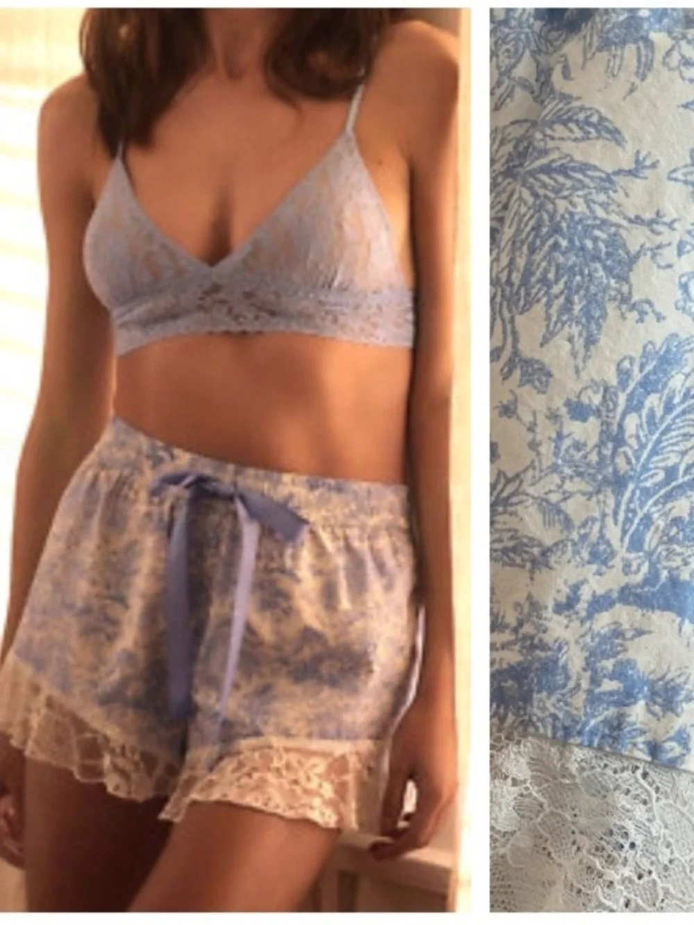 Anthropologie Blue White Toile Print Lace Trim Pajama Shorts Small
